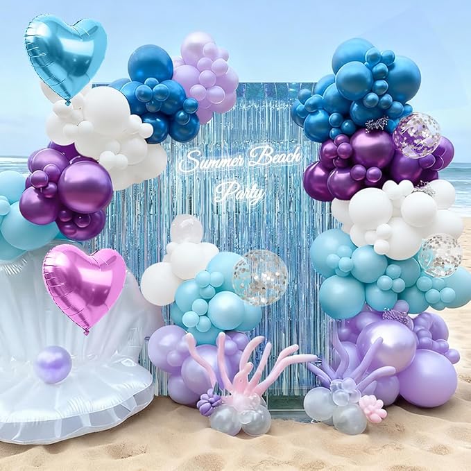 157Pcs Mermaid Party Balloons Garland Arch Kit with Fringe Curtain for Girl Princess Woman Birthday Bridal Baby Shower Engagement Wedding Under the Sea Party Decorations