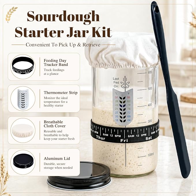 Sourdough Starter Kit with Round & Oval Banneton, Sourdough Bread Baking Supplies, Bread Proofing Basket Set with Glass Starter Jar, Sour Dough Bread Making Tools Kit for Women Mom Wife Beginners