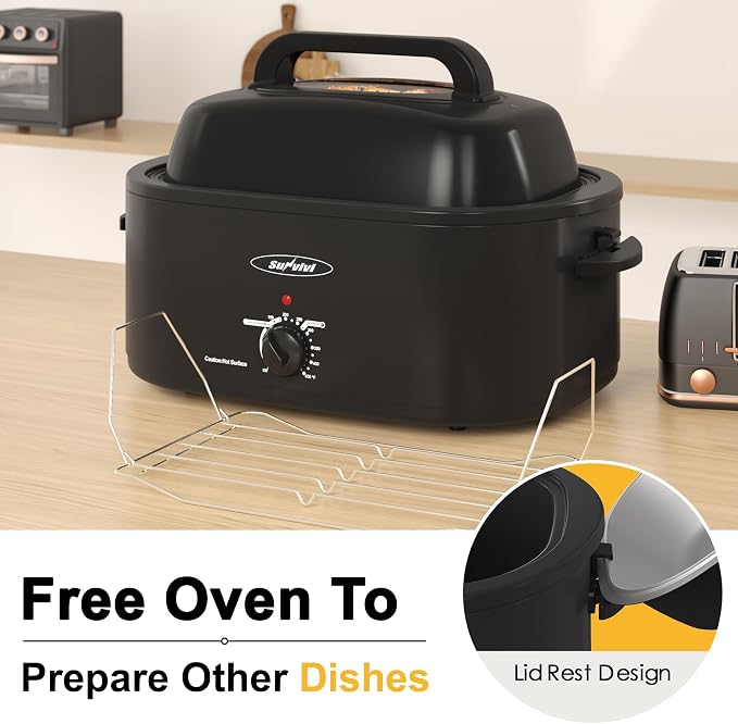 Sunvivi 26lb 22-Quart Roaster Oven, Electric Roaster Oven with Viewing Lid, Turkey Roaster with Unique Defrost/Warm Function, Large Roaster with Removable Pan & Rack, Stainless Steel, Black