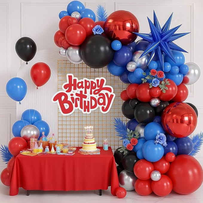 Navy Blue Red Silver Balloon Arch Garland Kit with Star Balloons Red 4D Round Foil Balloons for Birthday Graduation Party Decorations