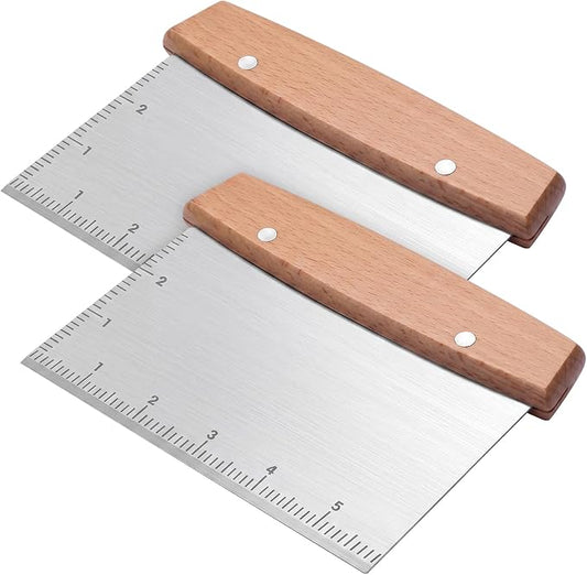Chumia 2 Pcs Bench Scraper Stainless Steel Dough Cutter with Measurement Marks and Wooden Handle Multipurpose Bread Pizza Food Griddle Scraper Dishwasher Safe for Baking Cooking Pastry Cake