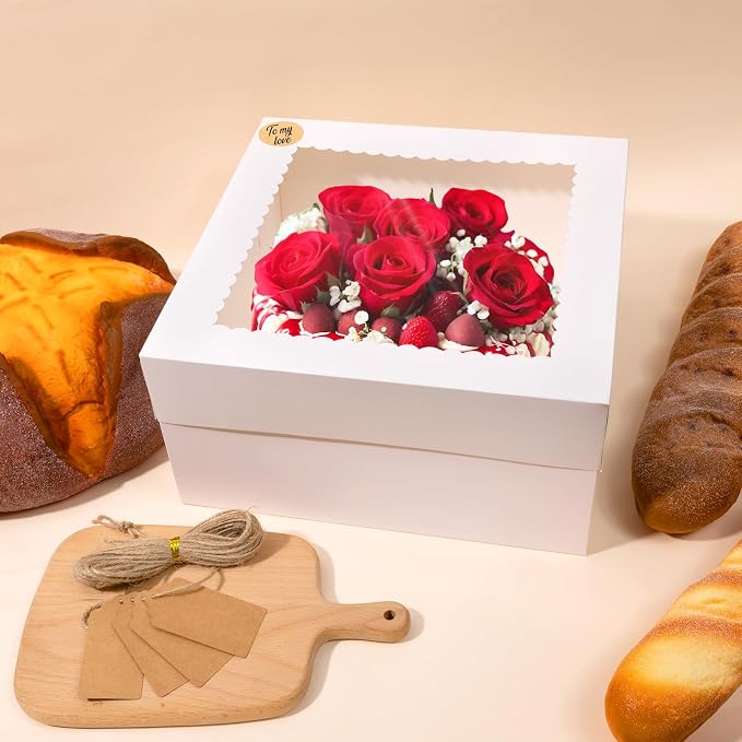 NEOACT 12x12x6 Bulk 4 Pcs Cake Boxes 12 Inch Square Cake Boxes with Window, Cake Containers with Lids, Disposable Bakery Boxes for Valentine's Day,Easter, Mother's Day, Cookies, Large Pastries