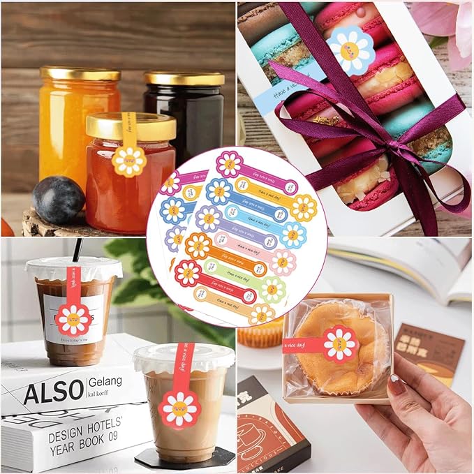 300Pcs Flower Shape Long Label Bakery Stickers Self Adhesive Tamper Evident Seal for Gift Wrapping Pastry Bags Baking Packaging