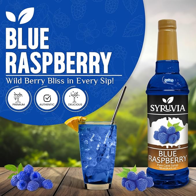 Syruvia Blue Raspberry Syrup, Flavored Syrup for Cocktails, Fruit Drinks, Lemonades, and Desserts – 25.4 fl oz - with Pump
