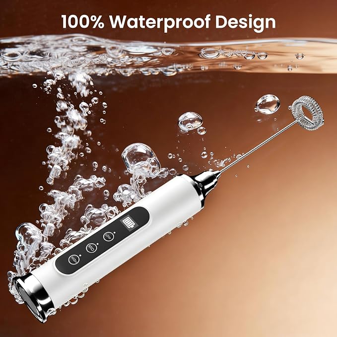 YUSWKO Milk Frother Wand for Coffee, Coffee Frother Handheld Drink Mixer | Rechargeable Mixer Wand, Waterproof Electric Whisk for Protein Powder, Lattes, Cappuccino, 3 Variable Speeds 3 Whisks, White