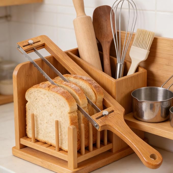 DECHOUS Adjustable Bamboo Bread Slicer with Stainless Serrated Blade and Thickness Guide for Homemade Sourdough Baguettes and Bagels