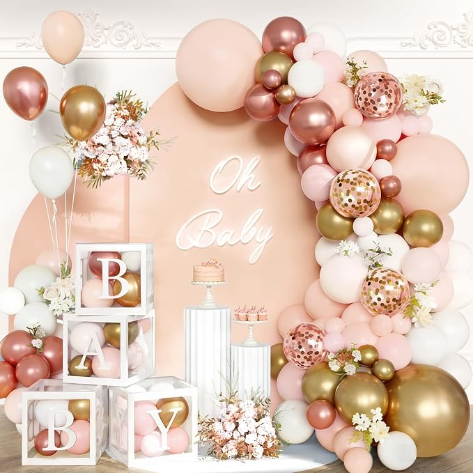 144Pcs Rose Gold Baby Shower Decorations for Girl - Pink Balloon Garland Arch Kit with 4 Baby Boxes - Metallic Gold Confetti Balloons for Princess Birthday, Bridal Shower Background