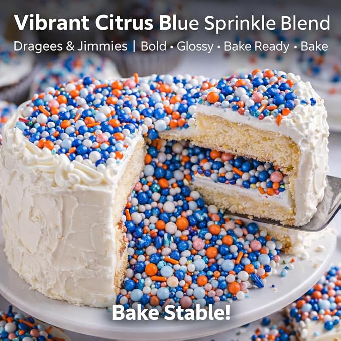 Confect Citrus Blue Celebration Sprinkle Mix – Premium Dragees & Jimmies | Orange, Baby Blue & Navy | Bake Stable Cake & Cupcake Toppings 4.2 Oz