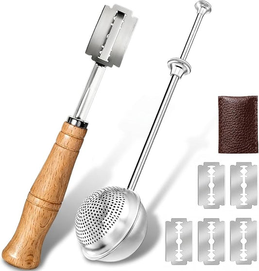 Bread Lame and Flour Duster Sets, 304 Stainless Steel Bread Scoring Tool | Ergonomic Handle, Sharp Blades, 5 Razor Blades and Leather Cover, Perfect for Home Bakers to Make Homemade Bread