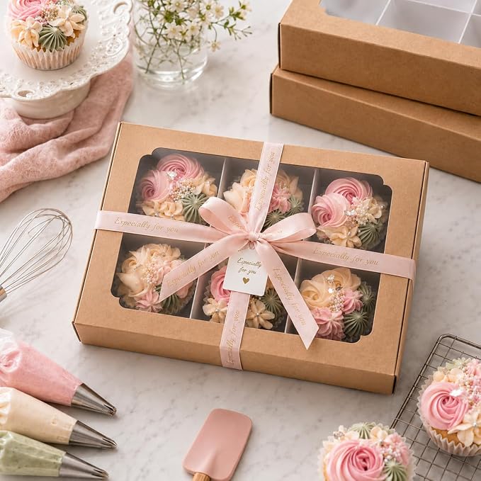 Zealax Kraft Bakery Boxes with Window and Dividers Cookie Packaging Small Treats for Gift Giving, Macaron Boxes Treat Boxes for Mini Cupcakes, Chocolate Covered Strawberries, 10 Pack, 9x6x2.5 Inch