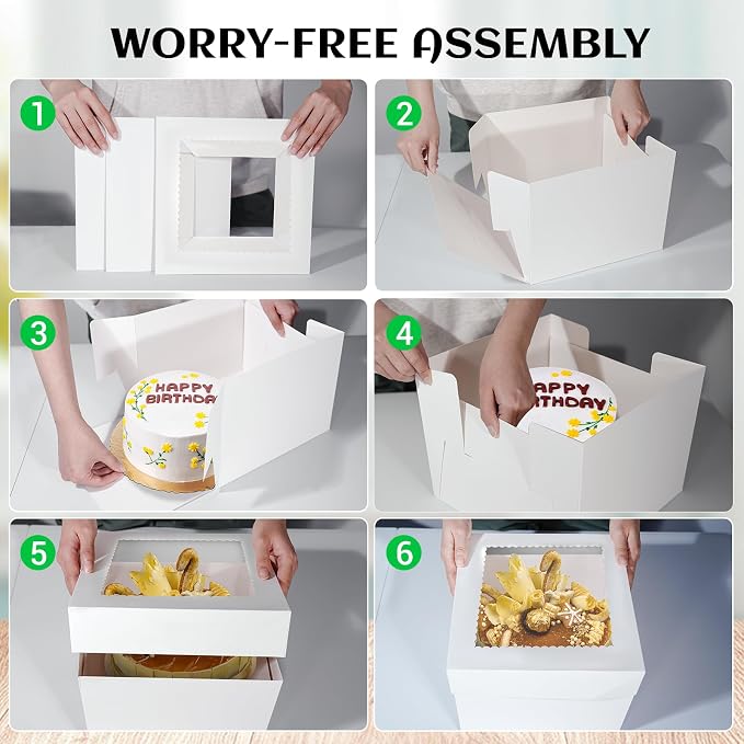TLAZZ 15 Pcs Cake Boxes, 12x12x8 Inches Tall Cake Boxes with Window, White Square Cheesecake Bakery Boxes, Large Cardboard Cake Baking Boxes with 90 Stickers for Cakes, Pies, Wedding, Birthday Party