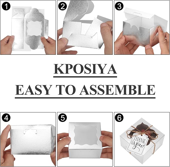 KPOSIYA 10 Pcs Silver Bakery Boxes with Window Individual Cupcake Boxes 4x4x2.5 Inches Cookie Box Kraft Paper Silver Gift Box for Pastries, Cookies, Pie, Donuts, Macaroon