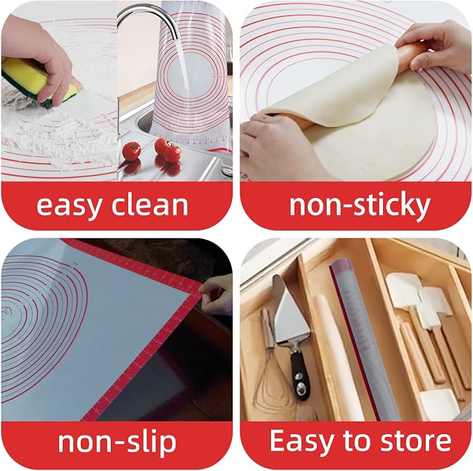 Silicone Pastry Mat Dough Baking Bread Sourdough Fondant Pie Dough Pizza,Silicone Baking Mat Cookie Sheet for Kitchen Counter with Measurements 28x20" Red