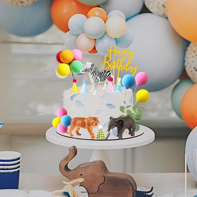 Safari Animal Cake Toppers with Mini Birthday Party Hat Color Balls Cake Decorations for Jungle Wild Themed Baby Shower Birthday Party Supplies (Safari Animal)