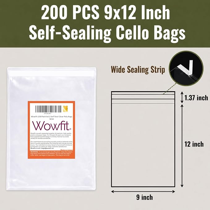 Wowfit 200 Count 9x12 Inch Clear Cellophane Plastic Bags, Resealable Self-Sealing Cello Bags Great for Clothes, Shirts, Pants, Foods, Flyers, More (9 x 12 with reinforced sides)