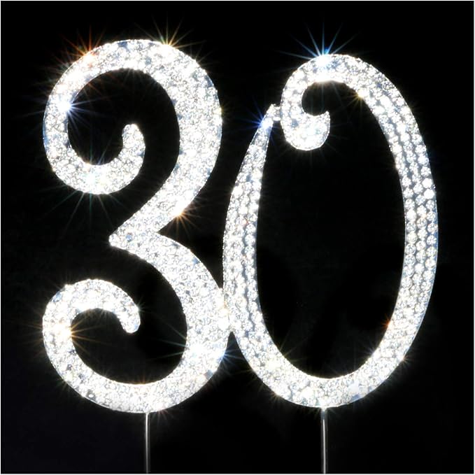 Scotamalone 30 Cake Topper Silver Premium Bling Rhinestone Diamond Gems 30th Birthday or Anniversary Party Decoration Ideas