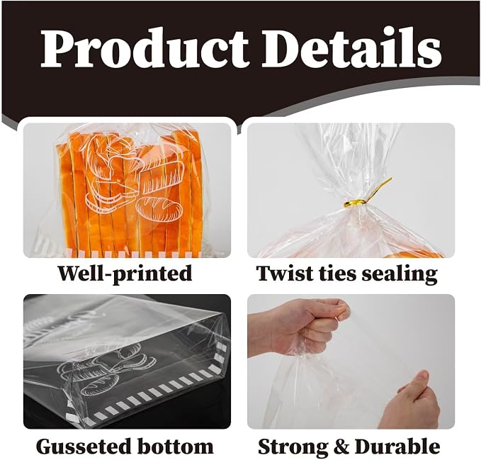 Reusable Plastic Bread Bags for Homemade Bread - 11‘'x14'' Clear Bakery Bag with Twist Tie Closure Reduces Moisture,Cello Pastry Storage for Sourdough, Artisan Loaves, Bagels or Buns