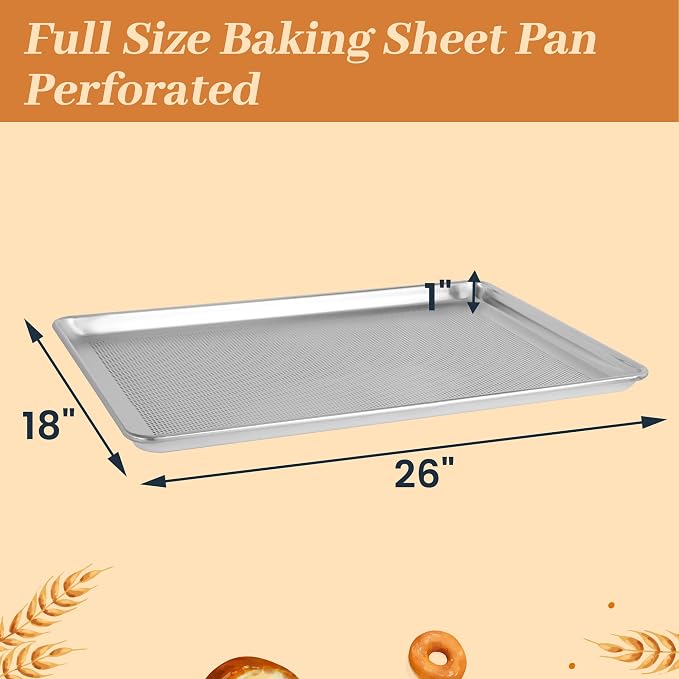 6 Pack Perforated Full Size Aluminum Baking Sheet Pans, 26"x18" | NSF, commercial cookie sheets, rolled rim baking pan, for roasting, freezer, bakery, oven safe up to 500℉