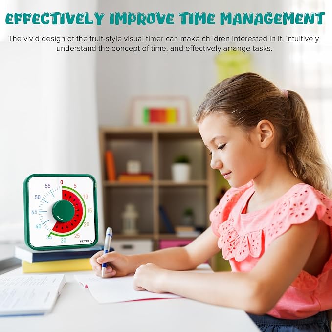 Secura 7.5-Inch Fruit Visual Timer for Kids, 60-Minute Countdown Timer for Classroom or Kitchen, Durable Mechanical Timer Clock with Magnetic Backing (Watermelon)