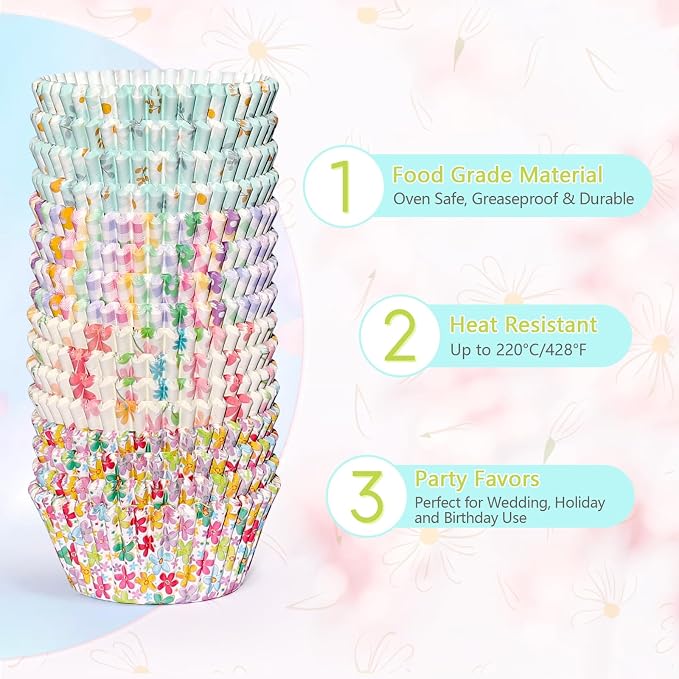 Standard Cupcake Liners 100 Pack, Colorful Paper Baking Cups Food Grade Disposable Cupcake Wrappers Floral Muffin Liners for Birthday Tea Themed Party Decor (Floral-2)