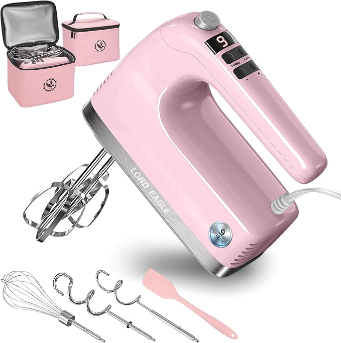 Lord Eagle 9-Speed Digital Hand Mixer Electric Handheld, 500W DC Motor Kitchen Mixer for Cake Baking, Lightweight Egg Beaters with Stain-resistant & Waterproof Storage Bag & 6 Accessories, Pink