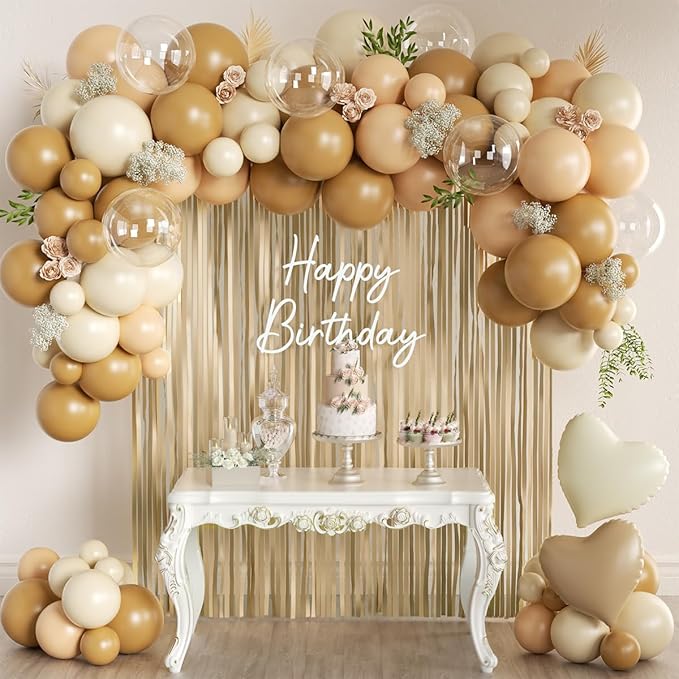 Boho Neutral Brown Balloon Garland Arch Kit with Champagne Fringe Curtain for Baby Shower Wedding Earth Tone Birthday Bridal Brunch Minimalist Anniversary Party Decorations