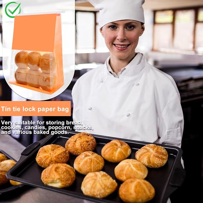 50 Pack Bakery Bags with Window - Large Reusable Cookie Bags With Seal Can Stand Upright Cookie Packaging Bag With Tin Tie Tab Lock Kraft Paper Bread Bags For Pastry,Donuts,Snacks（Orange Large)