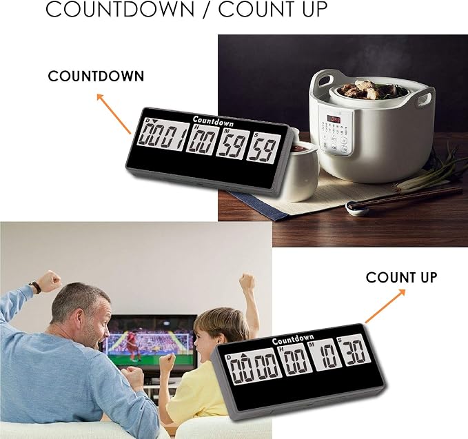 Jayron 9999 Day Digital Countdown Timer for Kitchen Office Desk LCD, Black | Magnetic back, 60-second alert, count-up after zero, pause and resume, classroom events, wedding dates, fridge and shelf use