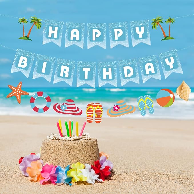 Zwiebeco Seaside Happy Birthday Party Decoration Blue White Sign Starfish Conch Hanging Paper Banner for Kids Adults Tropical Hawaiian Beach Pool Summer Accessories Supplies