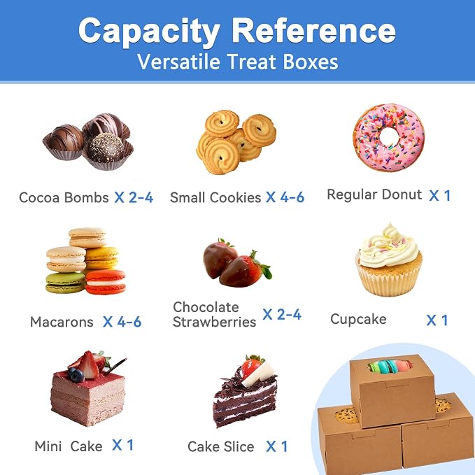 Shallive 4-Inch Small Cookie Boxes 100 Pcs Brown - Bakery Treat Boxes with Window for Gifting, To-go Containers Paper for Cake Slice, Macarons, Donuts 4x4x2.5