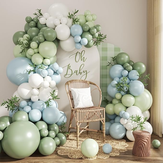 Sage Green Blue Pastel Balloon Arch Kit, 124Pc Macaron Yellow White Green Balloons for Goose Birthday Gender Decorations Baby Shower Wedding Decor
