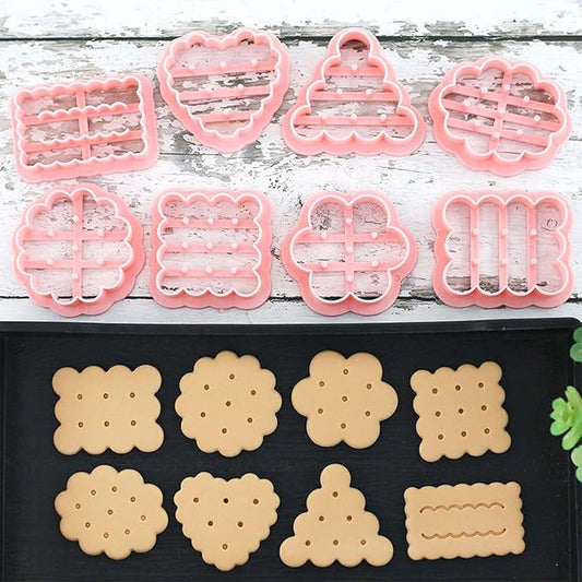 Mini Classic 8pcs 3D Raised Design Cookie Stamps, Triangle, Rectangle, Square, Heart, Star, Oval, Mini Pie Cookie Molds, Circle Cookie Cutter Set for DIY Baking