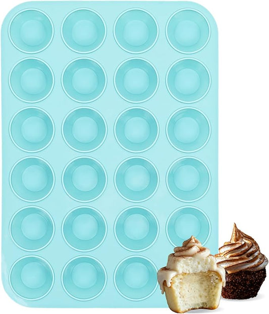 CAKETIME Silicone Mini Muffin Pan, 24 Cups Nonstick Mini Cupcake Pan for Baking Muffin, Cupcake, Egg Bites, Fat Bomb, Light Blue