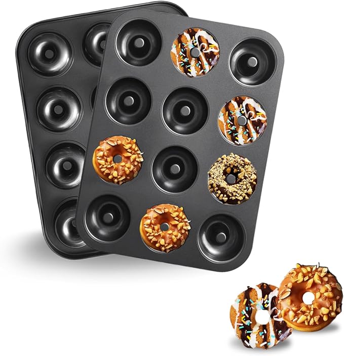 2-Pack Donut Pans for Baking - 12-Cavity Nonstick Carbon Steel Doughnut Trays, Deep Molds for Mini Bagels, Cakes & Homemade Baked Treats, 24 Cavities Total (Black)