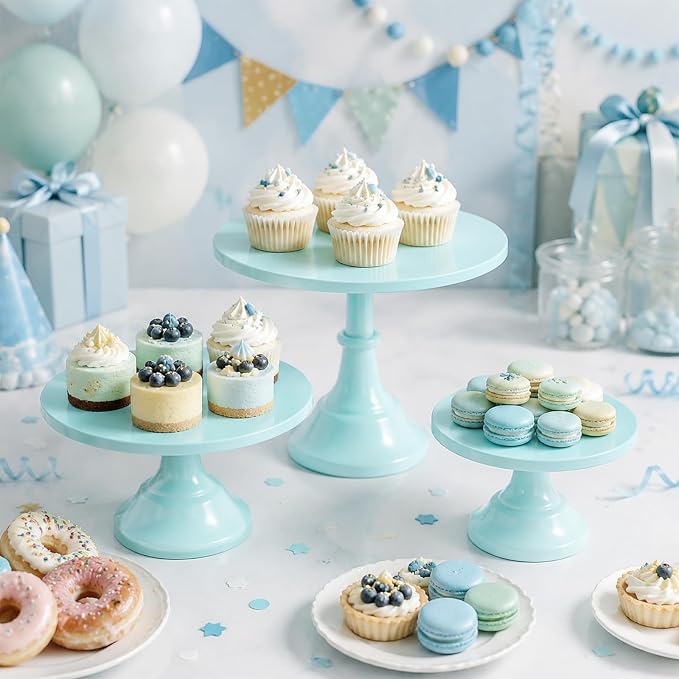 3 Pcs Cake Stand Set Metal Round Cake Holder Cupcake Stands 8/10/12 inch Blue Dessert Display Stands Dessert Table Decorations for Birthday Parties, Baby Shower,Wedding Banquets and Anniversary
