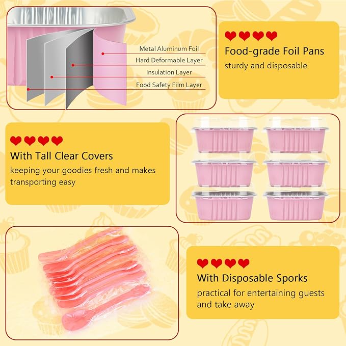 LNYZQUS Mini Cake Pans with Lids 25 Pack,5oz Foil Individual Cupcake Baking Cups for Oven, Small Muffin Tin Single Baking Containers, Disposable Ramekins for Valentine Holiday Bake Sale-Pink