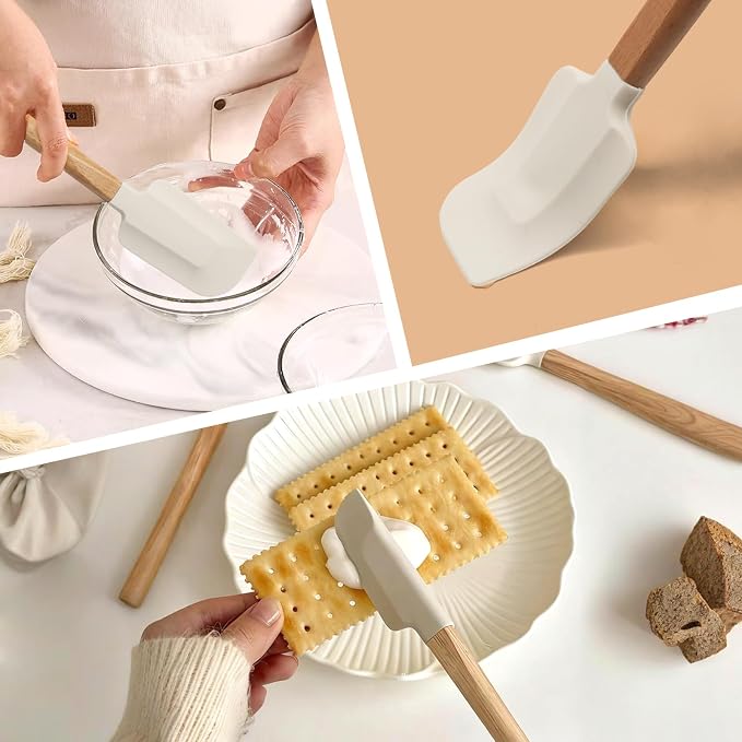 Uenhoy 5 Pack Silicone Spatula Set, Non-stick Wooden Handle Rubber Spatulas for Baking Cooking Frosting, 600°F Heat Resistant, Off White