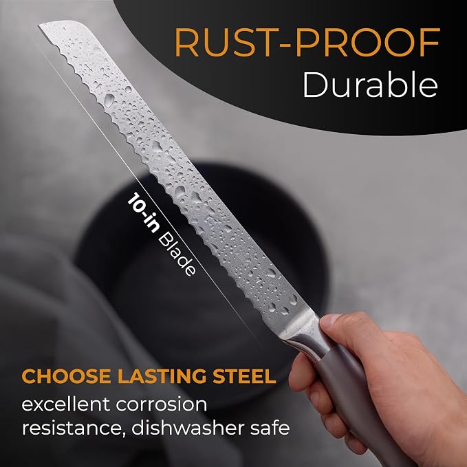 Orblue Serrated Bread Knife with 10-inch Upgraded Stainless Steel Razor Sharp Wavy Edge Width - Bread Cutter Ideal for Slicing Homemade Bagels and Cake