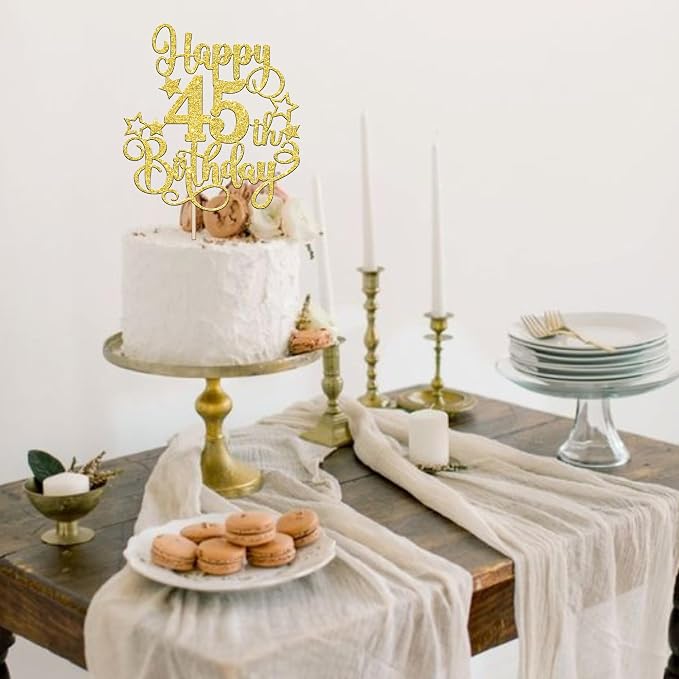 1 PCS Happy 45th Birthday Cake Topper Glitter Cheers to 45 Years Birthday Cake Pick Hello 45 Fabulous Cake Decoration for Happy 45th Birthday Anniversary Party Decorations Supplies Gold
