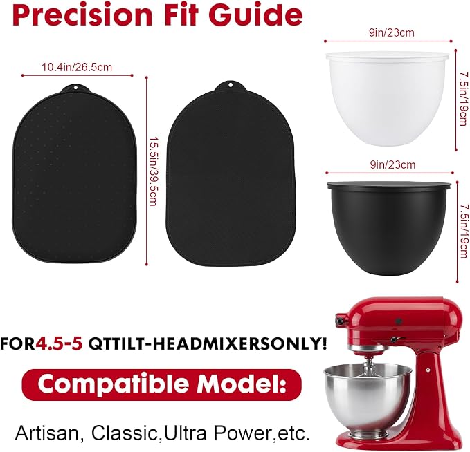 Silicone Bowl Insert and Mixer Slider Mat Set Compatible with KitchenAid 4.5-5 Qt Tilt-Head Stand Mixer, 2 Pcs BPA-Free Baking Liners (Black/White) & Appliance Sliding Tray-3PCS