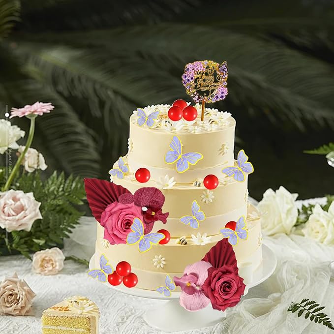 27 PCS Flower Cake Decorations Red Cake Decorations Boho Butterfly Cake Toppers with Rose Artifical Flowers Palm Leaves Balls Happy Birthday Cake Topper for Birthday Party Wedding Baby Shower