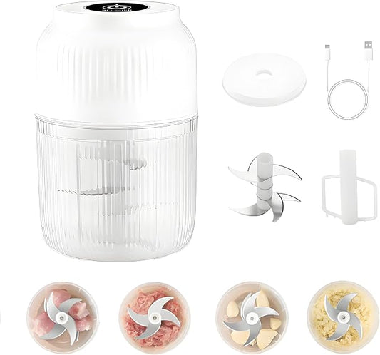 Cordless Multifunctional Electric Garlic Chopper,350ml Mini Food Processor with 6 Blades,USB Rechargeable 1-Touch Food Grinder for Garlic, Onion, Ginger, Chili (White,6 Blades&1 Egg Beater)