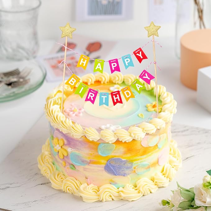 1 Set Mini Rainbow Cake Topper, Happy Birthday Cake Flag Banner, Golden Star Cake Topper, Colorful Rainbow Cake Decoration for Boys Girls Birthday Baby Shower Party Baking Decoration Supplies, Style 2