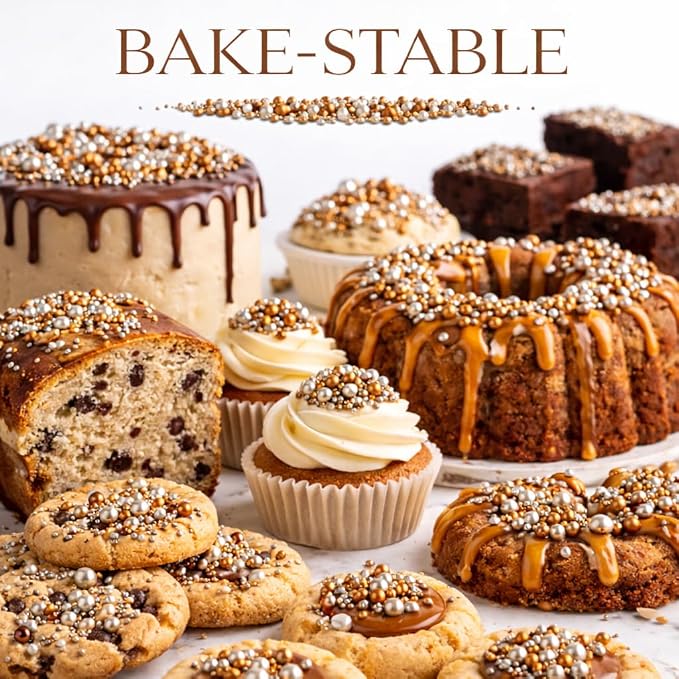 Confect Bronze Metallic Sprinkle Mix – Bake Stable Edible Pearls, Silver & Gold Dragees, Bronze Jimmies for Cake Decorating, Cupcakes, Cookies & Desserts 4.2 oz
