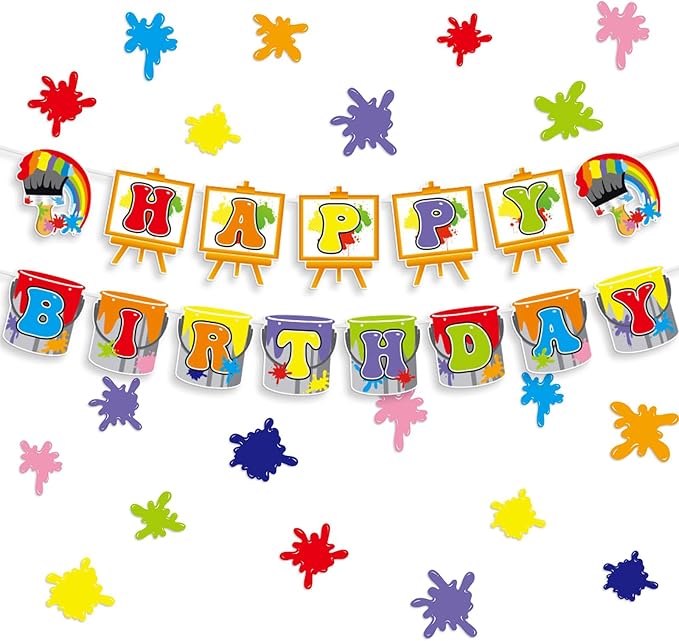 Zwiebeco Colorful Painting Art Happy Birthday Banner Hanging Paper Sign for Girls Boys Kids Adults Graffiti Paint Themed Birthday Party Decoration Supplies