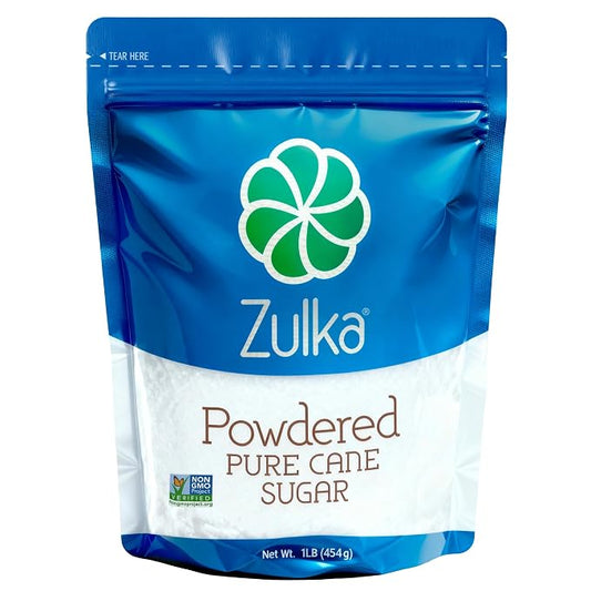 Zulka Powdered Pure Cane Sugar, 1 lb Resealable Bag – Non-GMO, Certified Vegan, Bone Char Free Confectioners Sugar for Baking, Frosting, and Glazes