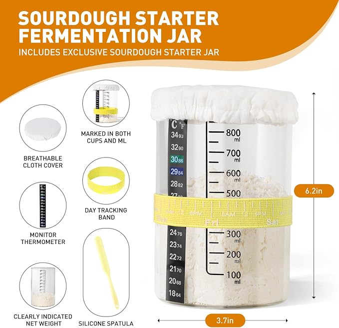 Sourdough Starter Kit,9" Round & 10" Oval Silicone Banneton Bread Proofing Basket Set with Reinforced Support,Sourdough Bread Baking Supplies Kit,34oz Sourdough Starter Jar,Baking Mat(Yellow)