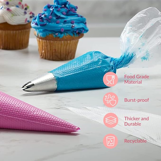Set of 200 - Anti Burst Piping Bags 12 Inch - Prestee Tipless Icing Bags - Durable Frosting Piping Bag Tools - Pastry and Cookie Decorating Supplies
