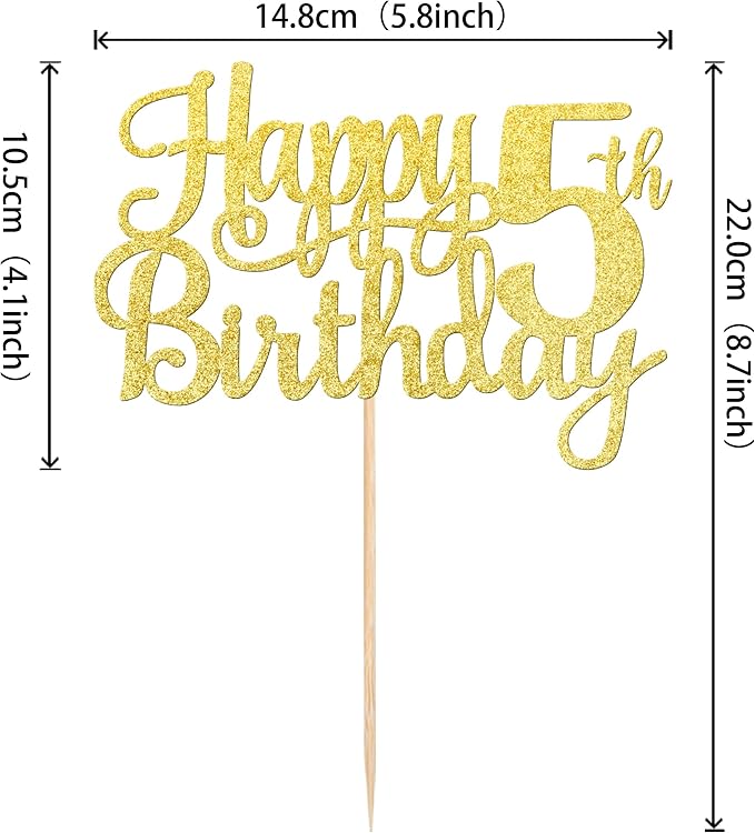 1 PCS Happy 5th Birthday Cake Topper - Gold Glitter Cheers to 5 Years - Fabulous Cake Decoration for 5th Birthday Theme Party