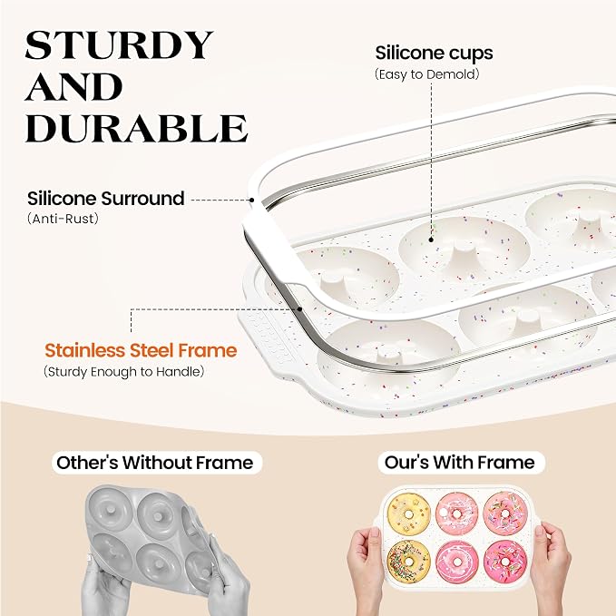 KASHME 3 Pcs Silicone Donut Pan for Baking with Metal Reinforced Frame Nonstick 6 Cavity Donut Molds Doughnut Tray 3.25 Inch Large Bagel Molds (Cream)